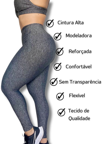 Calça Leg cinza mescla Cós Alto tecido firme