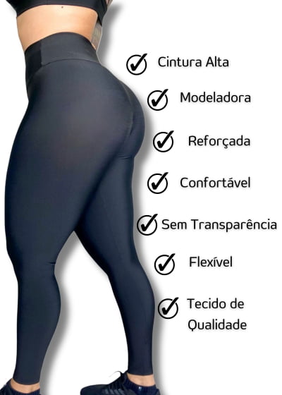 Calça Leg fitness academia Preta Cós Alto Costura Reforçada