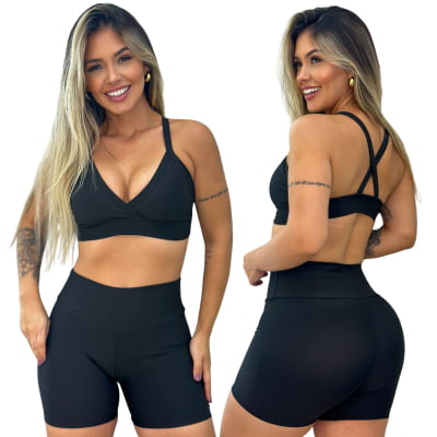 Conjunto Fitness Short e Top Cós Alto Preto