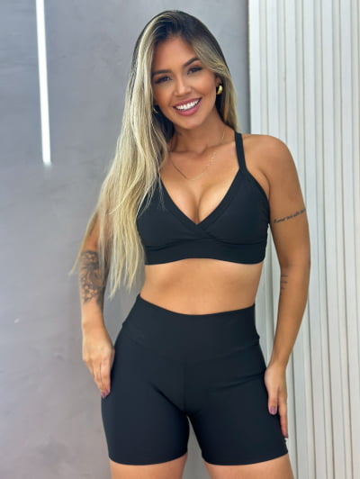 Conjunto Fitness Short e Top Cós Alto Preto