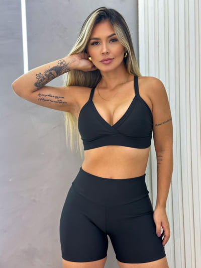 Conjunto Fitness Short e Top Cós Alto Preto