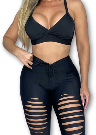 Conjunto Legging + Top Fitness Rasgada Academia Preta