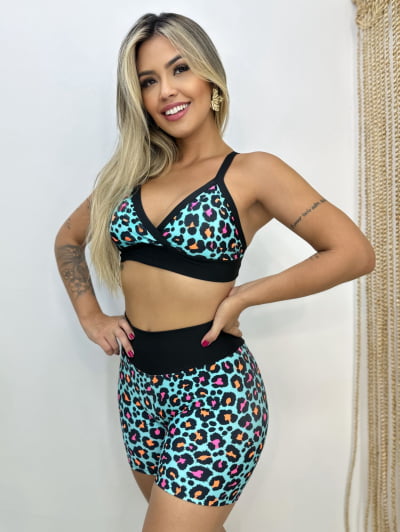 Conjunto Short e Top Fitness Academia Cós Alto Estampado