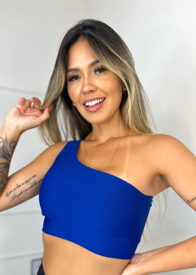 Top Cropped  Feminino Regata Um Ombro Só Suplex  Azul