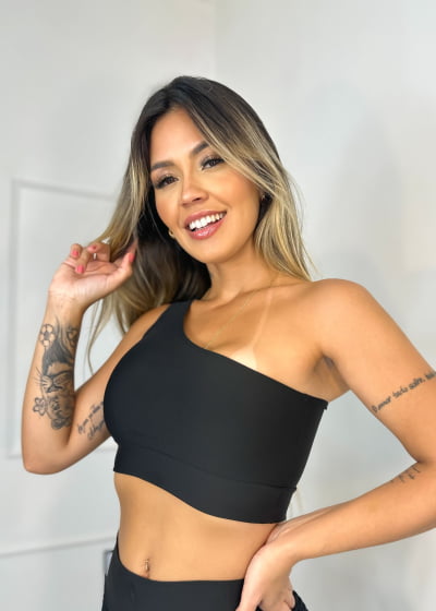 Top Cropped  Feminino Regata Um Ombro Só Suplex Preto