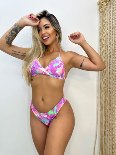 Conjunto de Biquíni Asa Delta Fixo Moda Praia Verão Estampado